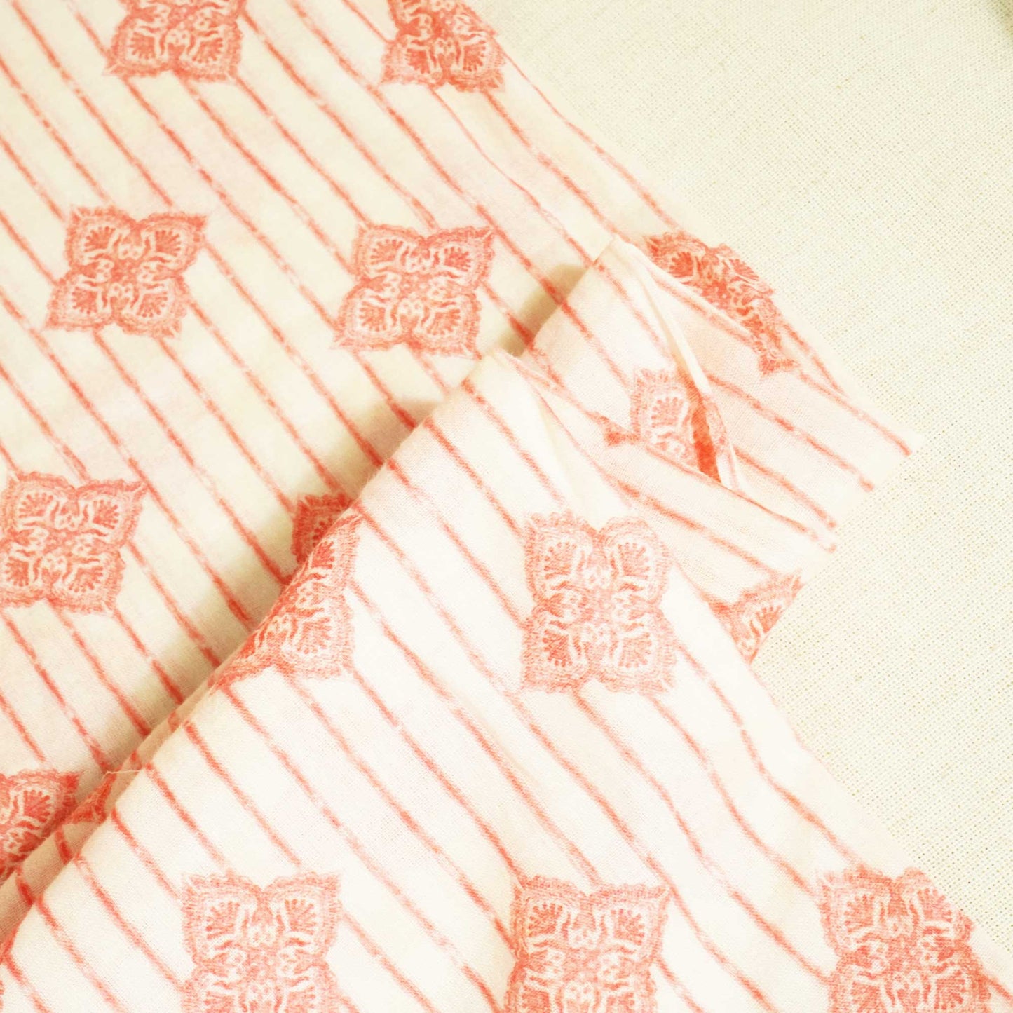Peach & Pink Stripes Print Cotton Mulmul Fabric GT-25446
