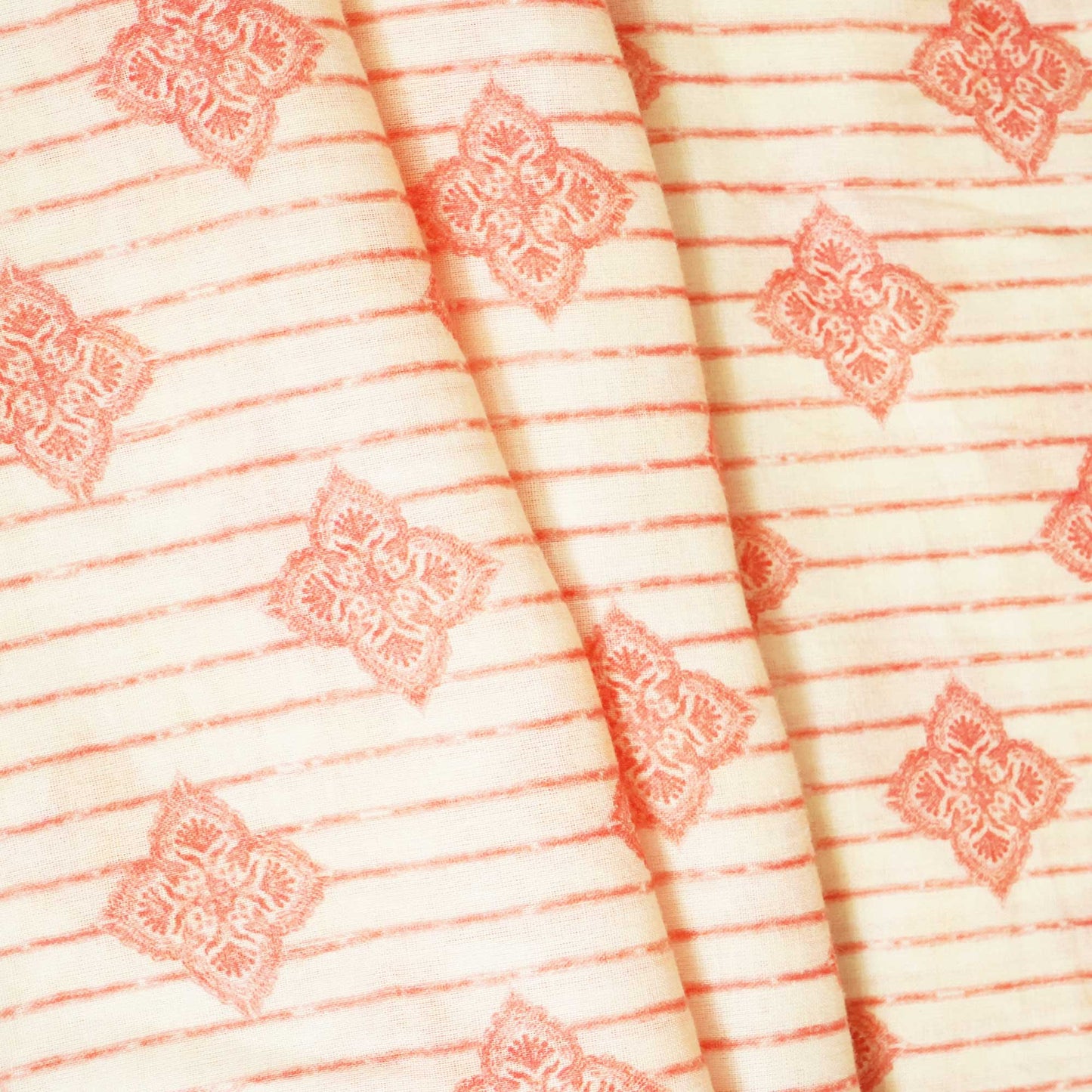 Peach & Pink Stripes Print Cotton Mulmul Fabric GT-25446