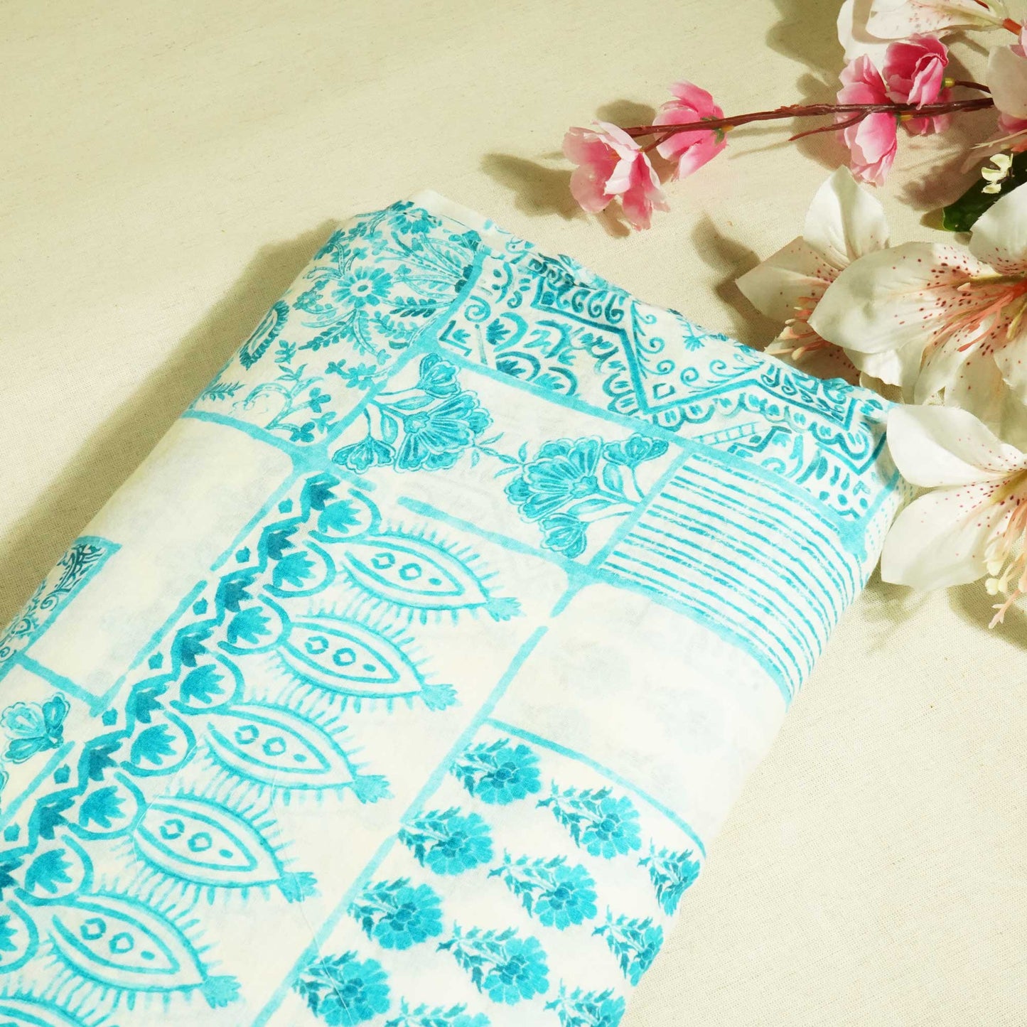 White & Sky Blue Floral Print Cotton Mulmul Fabric GT-25450