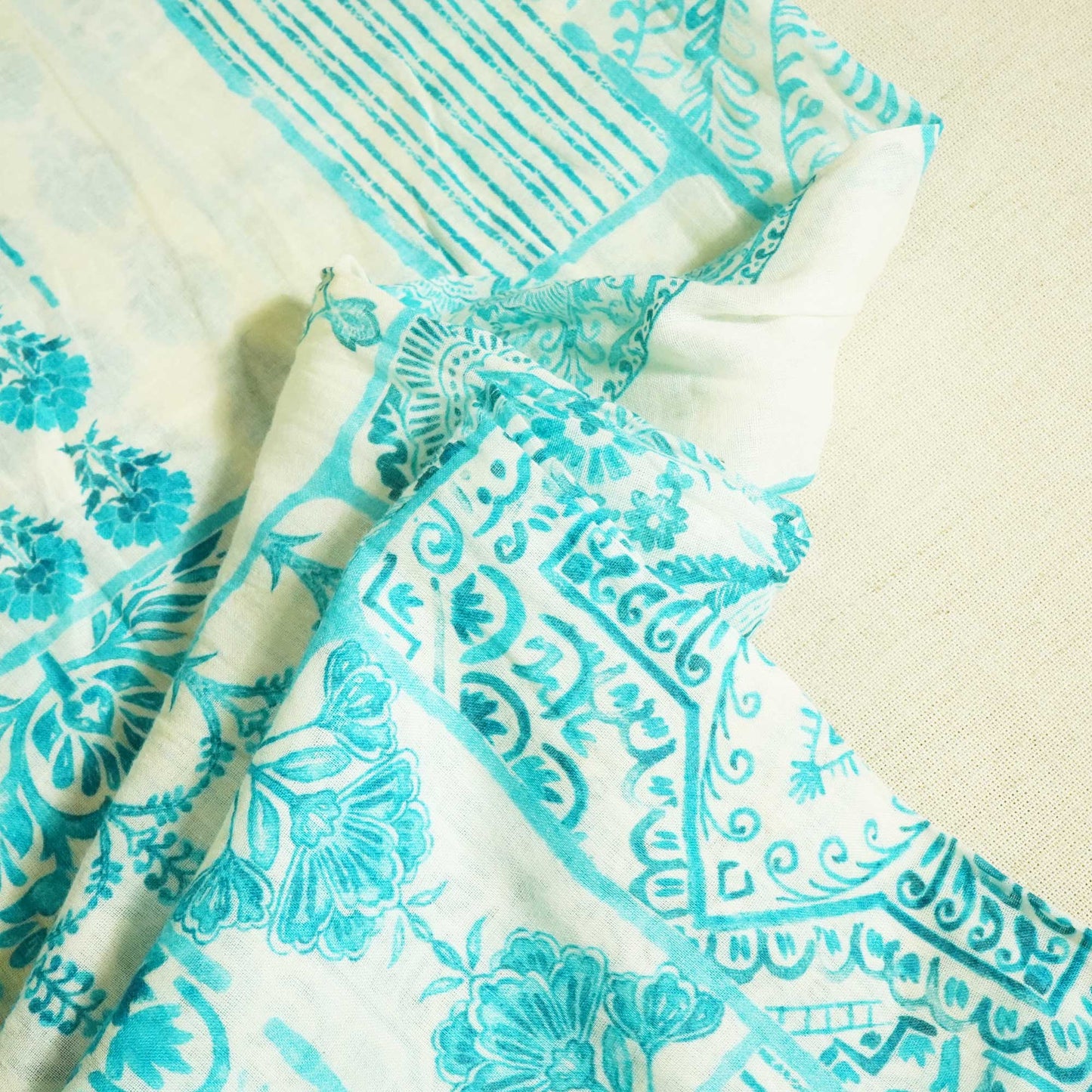 White & Sky Blue Floral Print Cotton Mulmul Fabric GT-25450