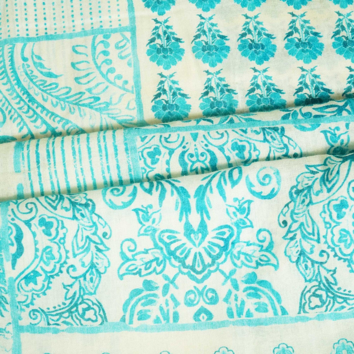 White & Sky Blue Floral Print Cotton Mulmul Fabric GT-25450