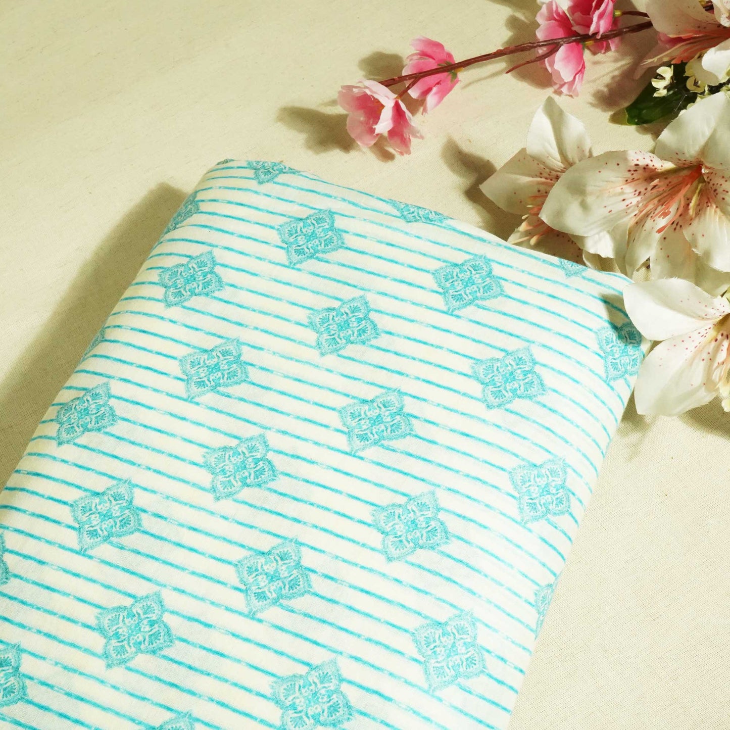 White & Stripes Print Cotton Mulmul Fabric GT-25451