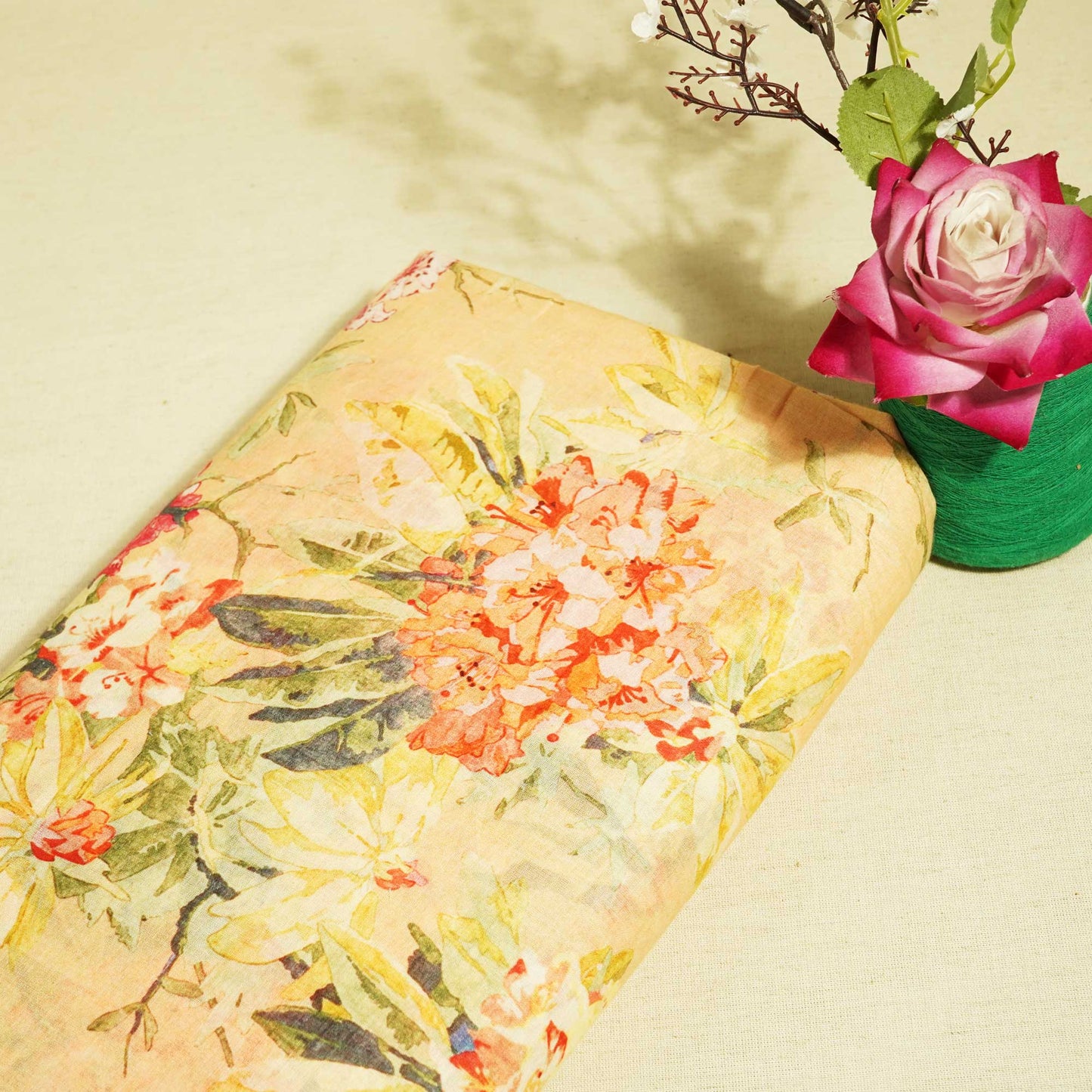 Peach Floral Print Cotton Mulmul Fabric GT-25460