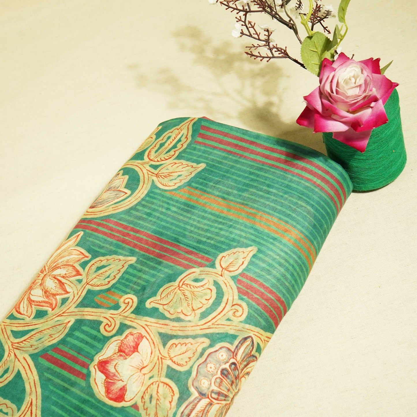 Green Floral Print Cotton Mulmul Fabric GT-25470
