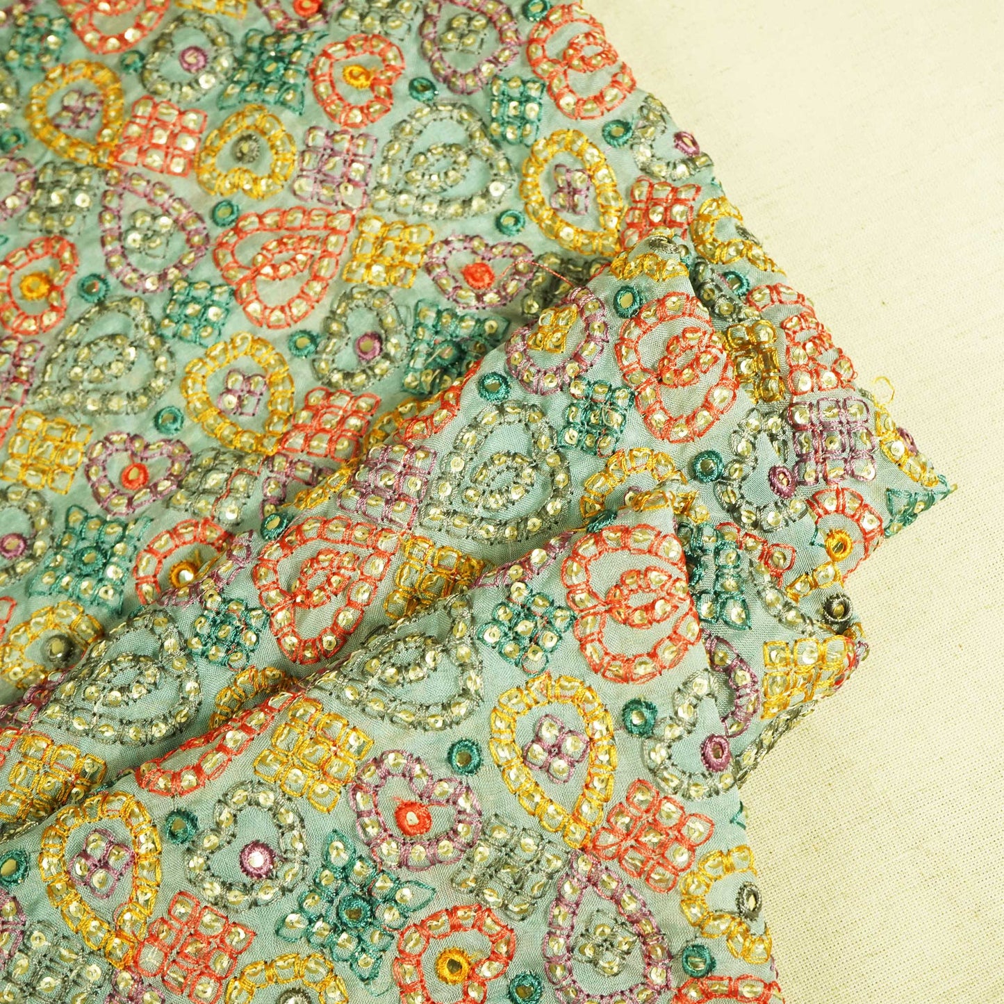 Sea Green Thread Sequins Embroidery Organza Fabric WI-25473