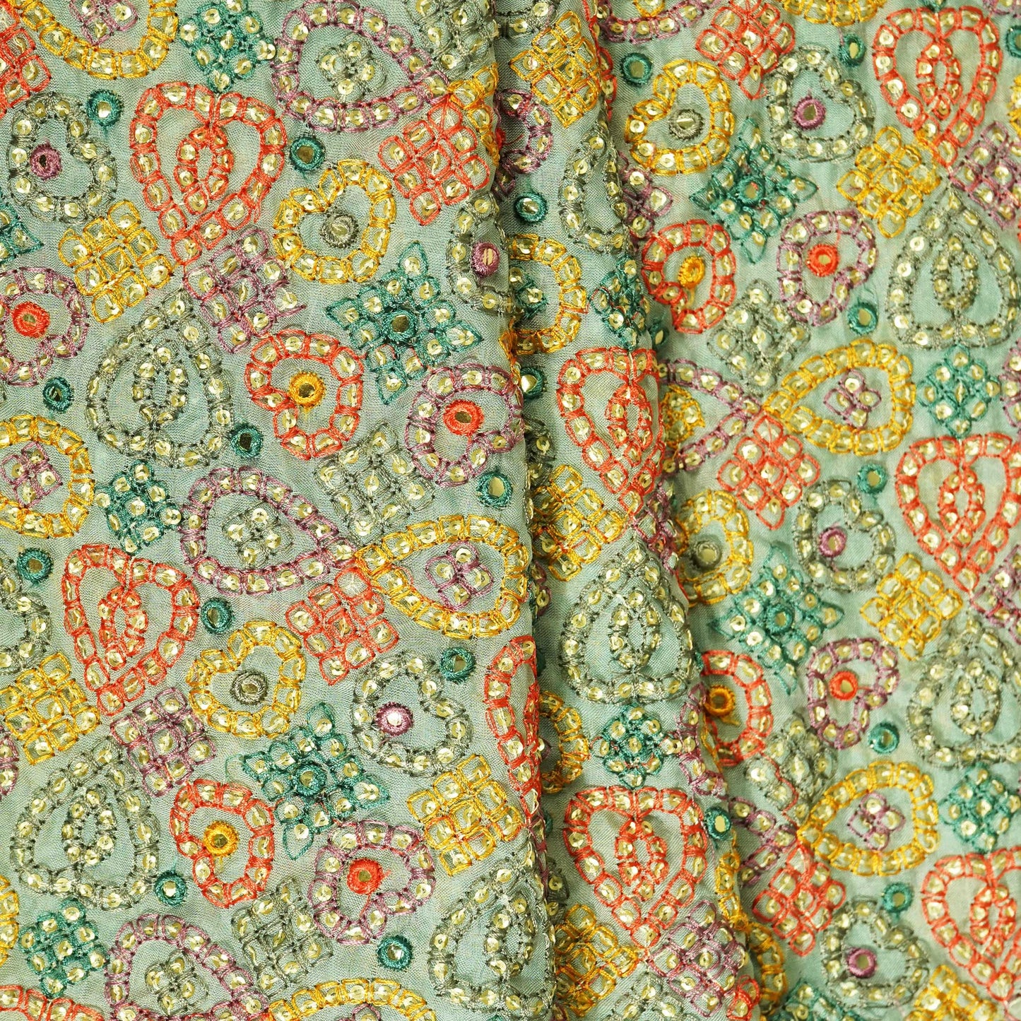 Sea Green Thread Sequins Embroidery Organza Fabric WI-25473