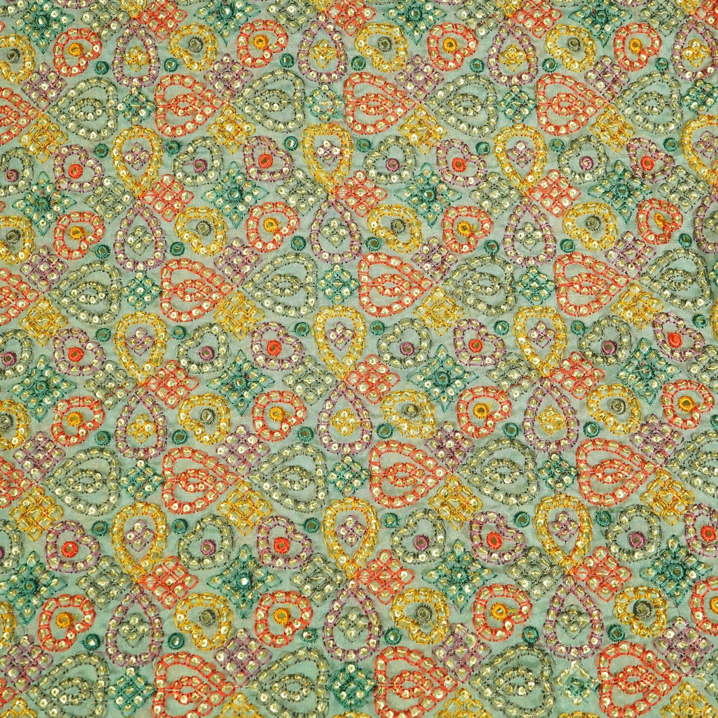 Sea Green Thread Sequins Embroidery Organza Fabric WI-25473
