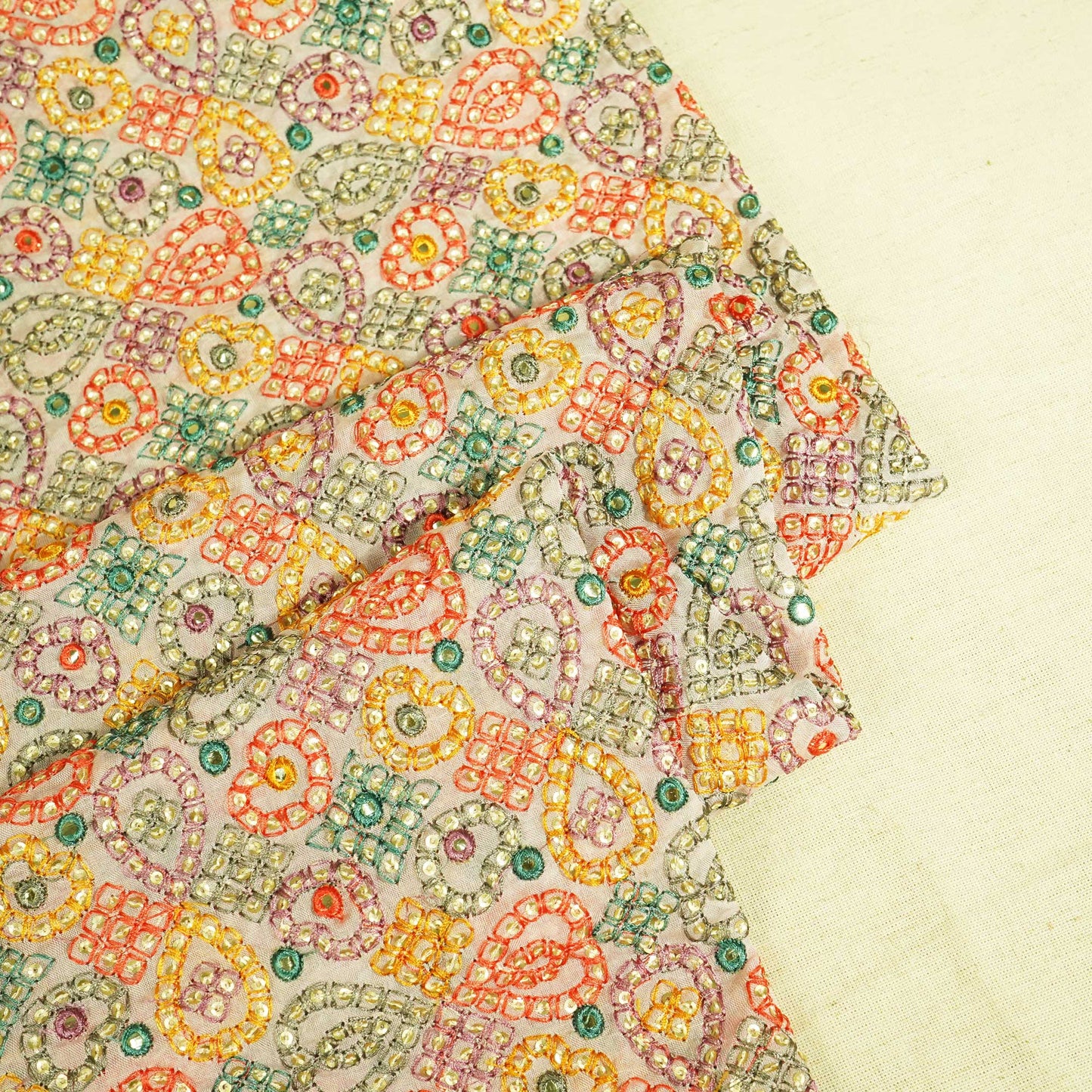 Peach Pink Thread Sequins Embroidery Organza Fabric WI-25474