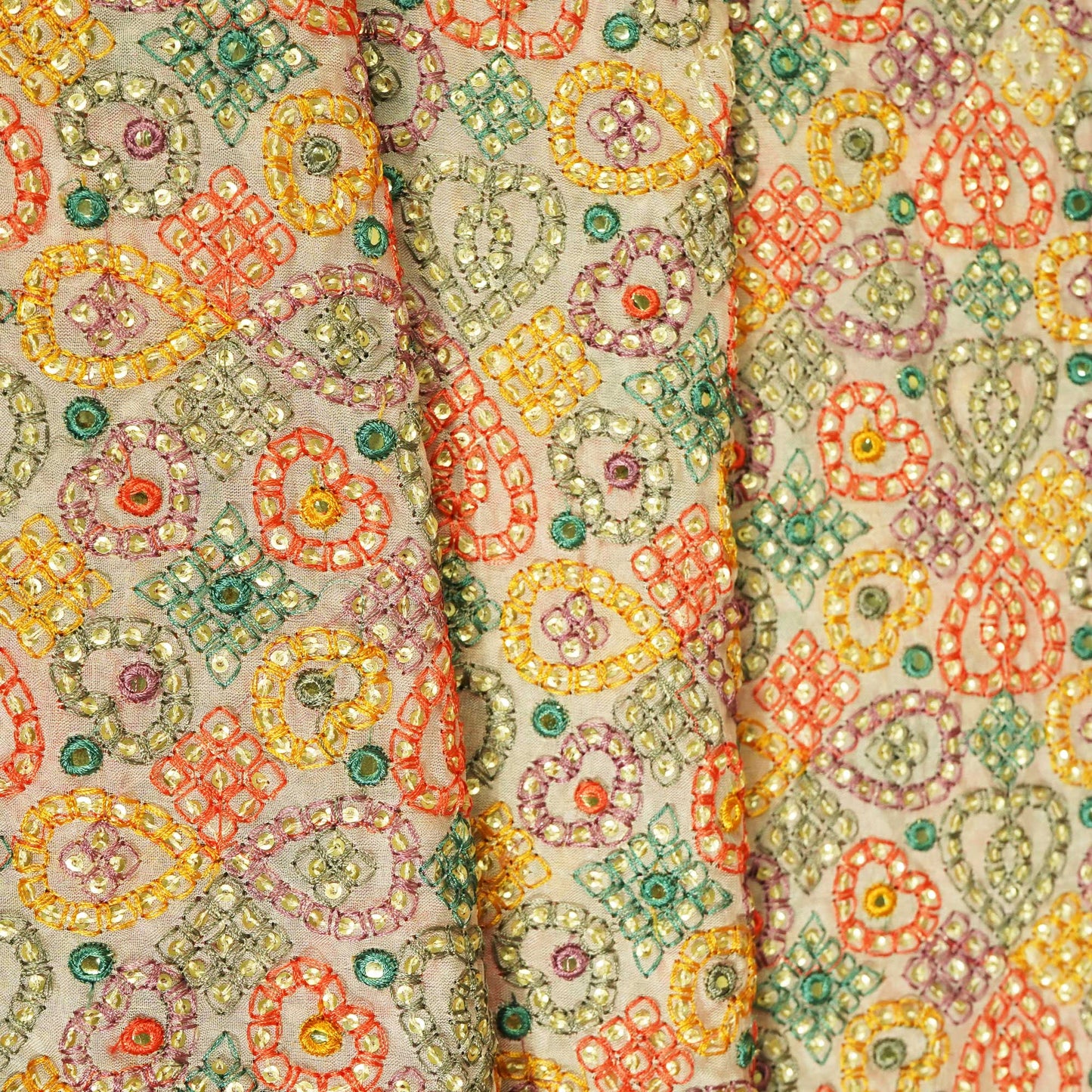 Peach Pink Thread Sequins Embroidery Organza Fabric WI-25474