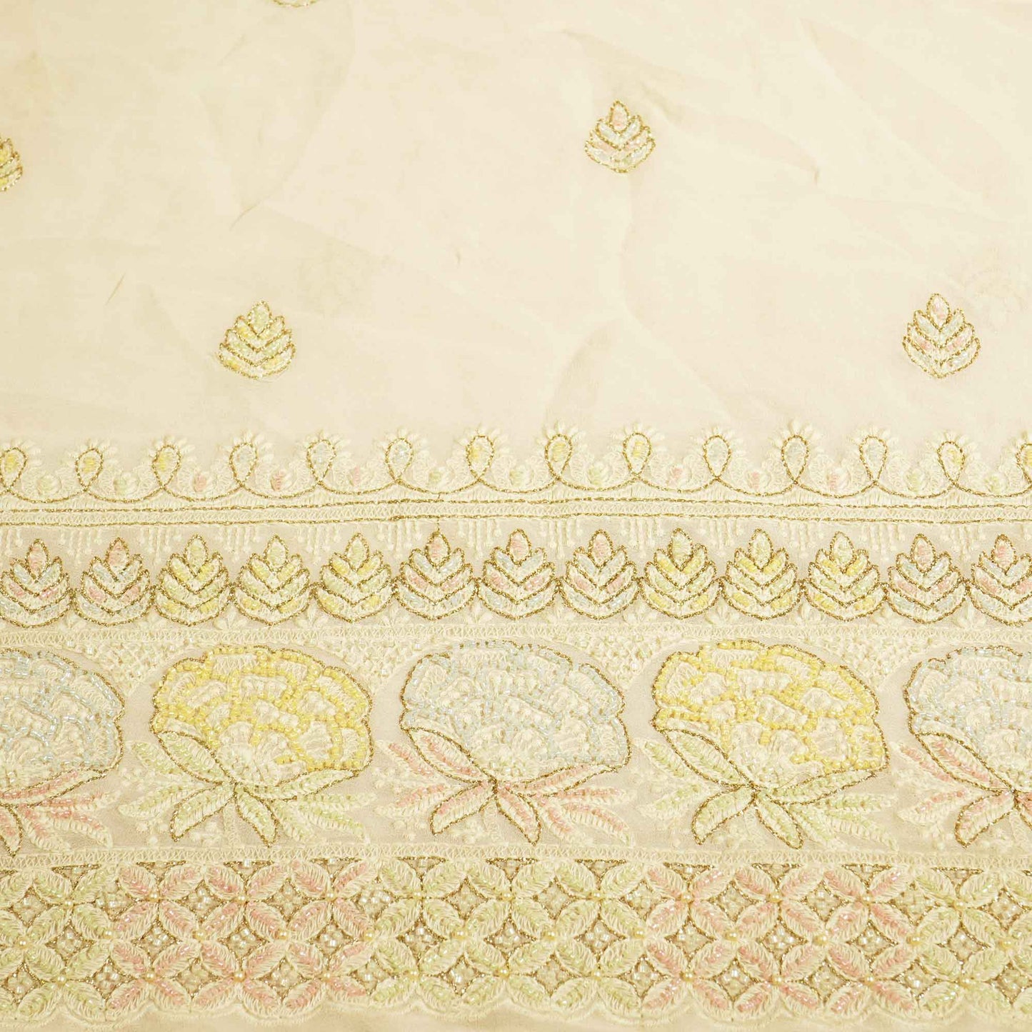 Peach Floral Multicolor Cutdana Embroidery Georgette Fabric GT-25481