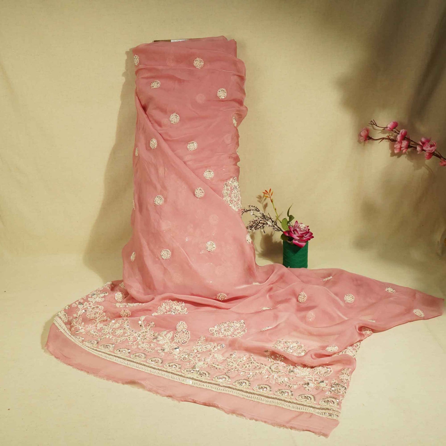 Pink Floral Cutdana & Sequins Embroidery Organza Fabric GT-25487