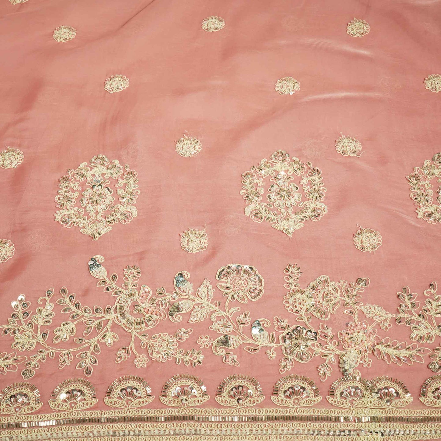 Pink Floral Cutdana & Sequins Embroidery Organza Fabric GT-25487