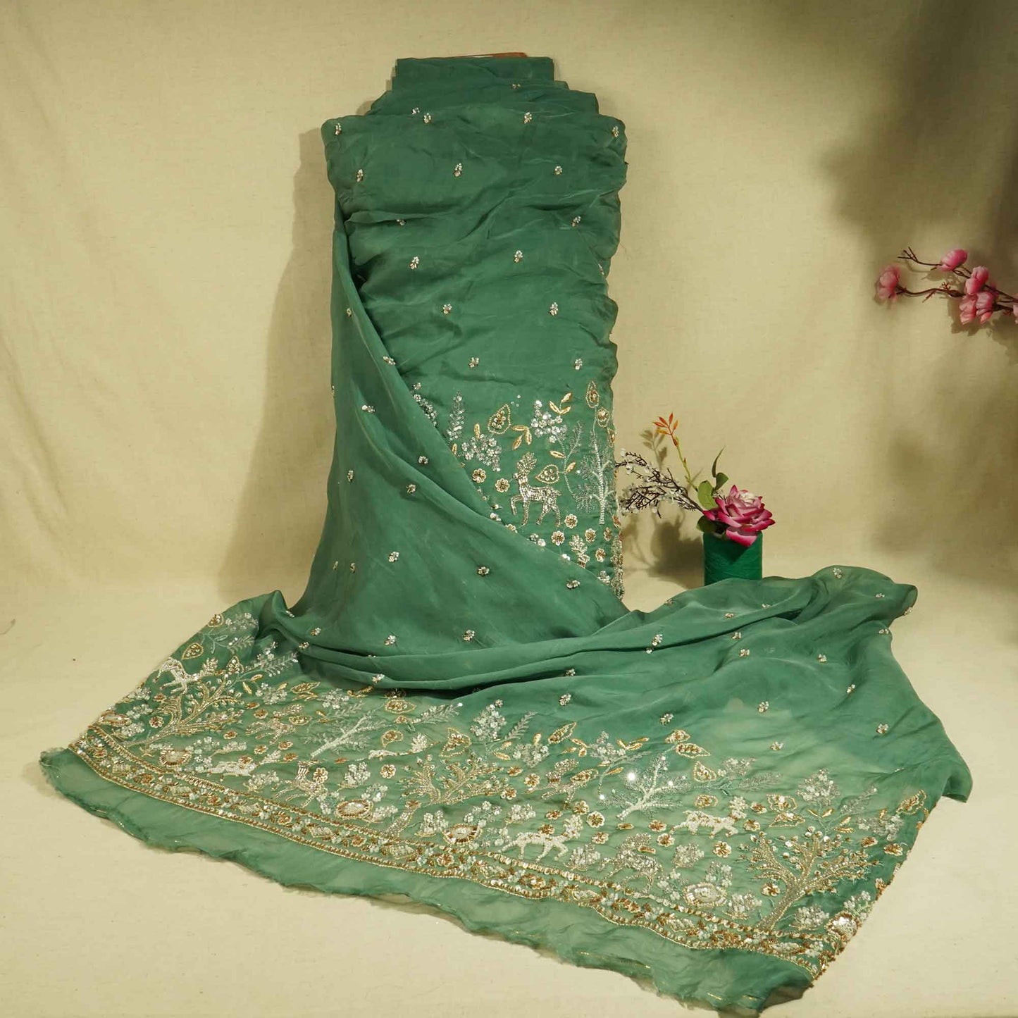 Green Floral Cutdana & Sequins Embroidery Organza Fabric GT-25488