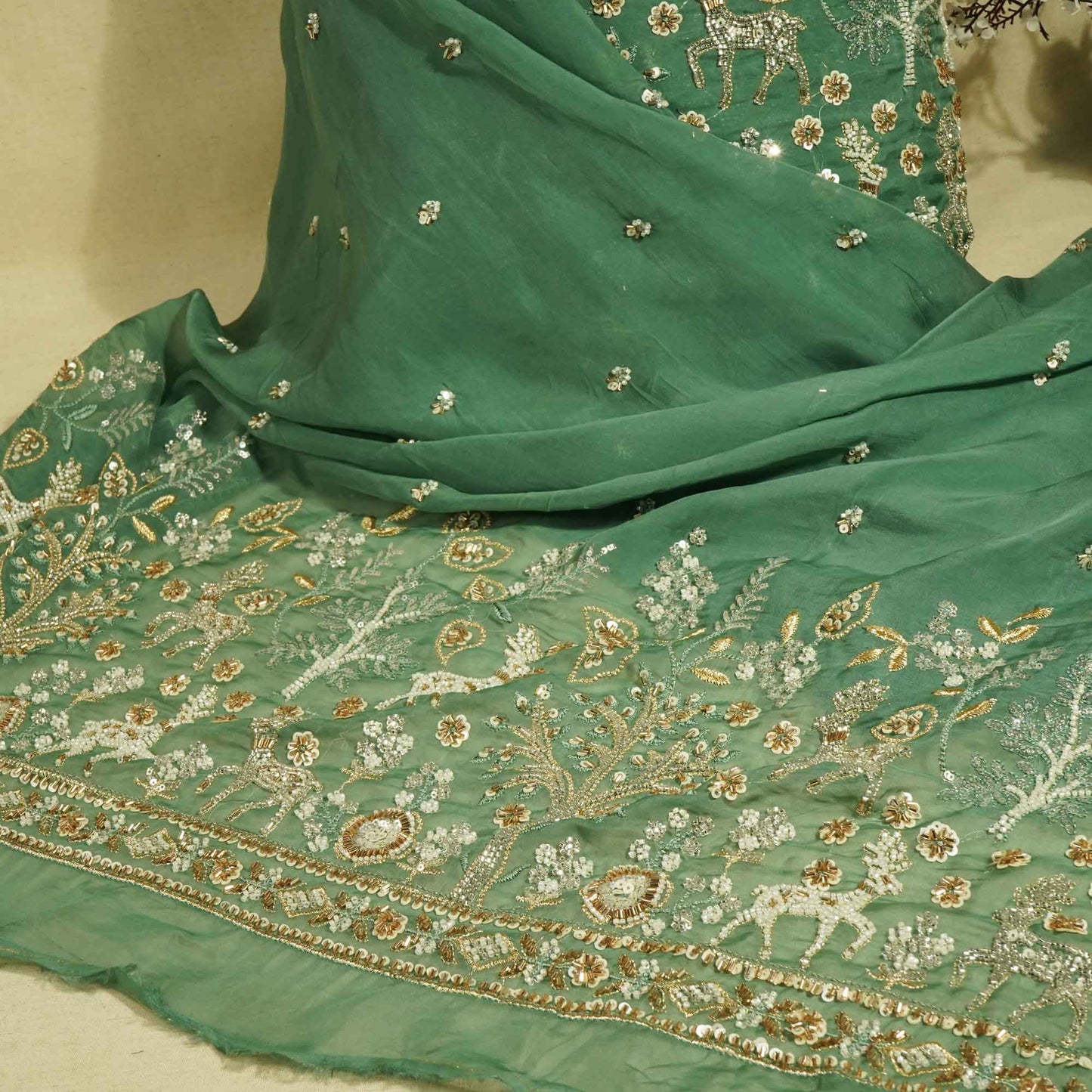 Green Floral Cutdana & Sequins Embroidery Organza Fabric GT-25488