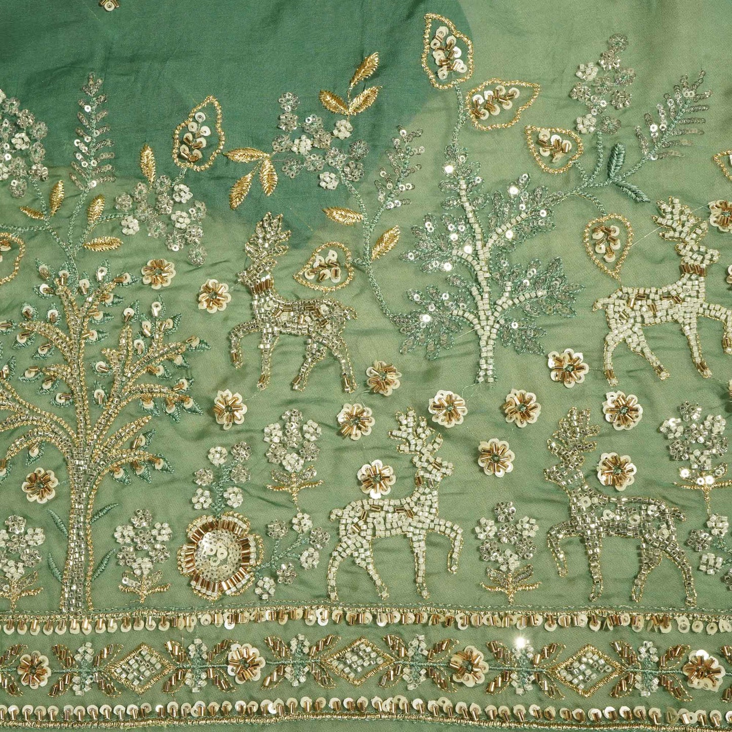 Green Floral Cutdana & Sequins Embroidery Organza Fabric GT-25488