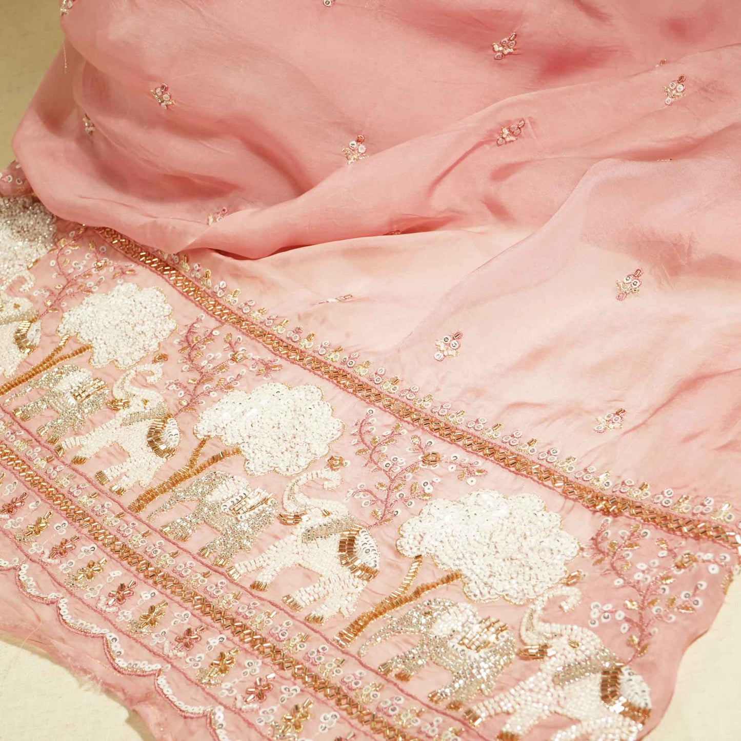 Pink Cutdana & Sequins Embroidery Organza Fabric GT-25489