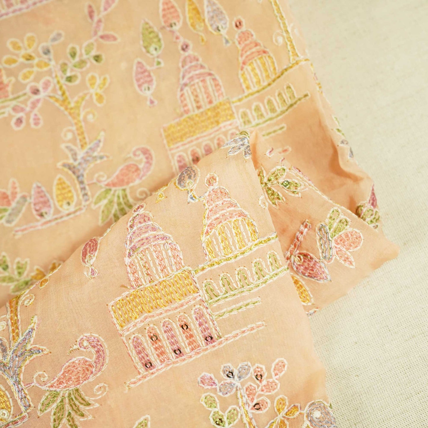 Peach Thread Sequins Embroidery Organza Fabric GT-25508