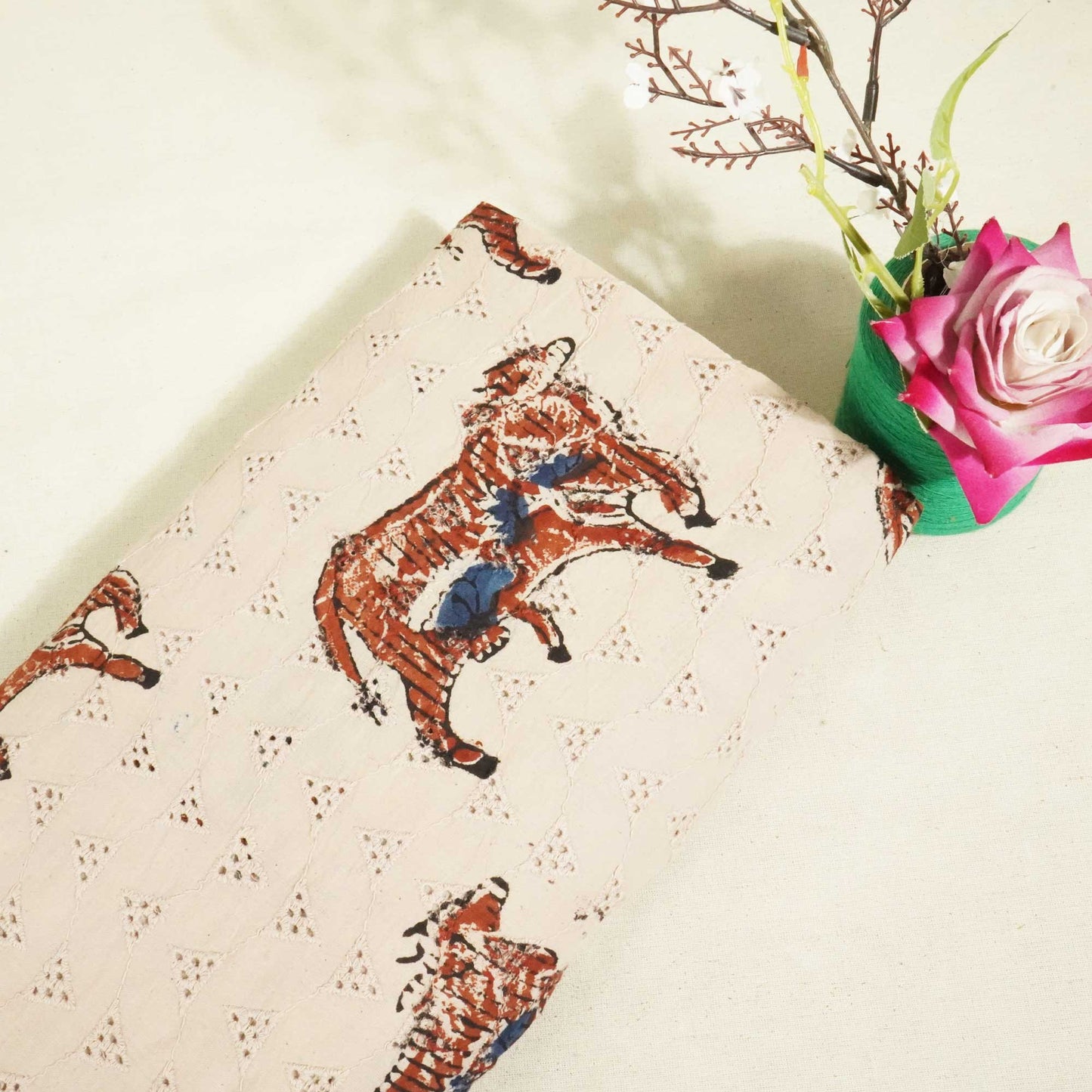 Beige Pichwai Ajrakh Print Cotton Schiffli Fabric CG-25521