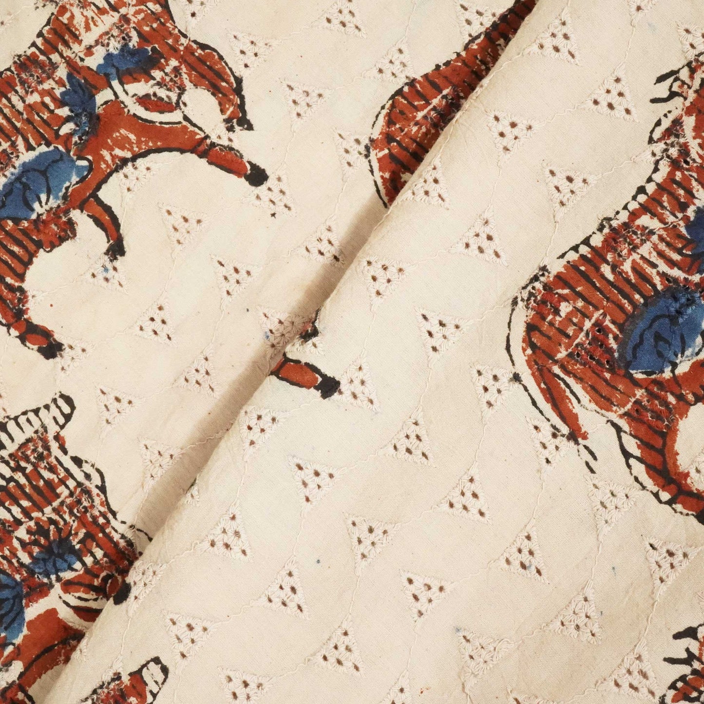 Beige Pichwai Ajrakh Print Cotton Schiffli Fabric CG-25521