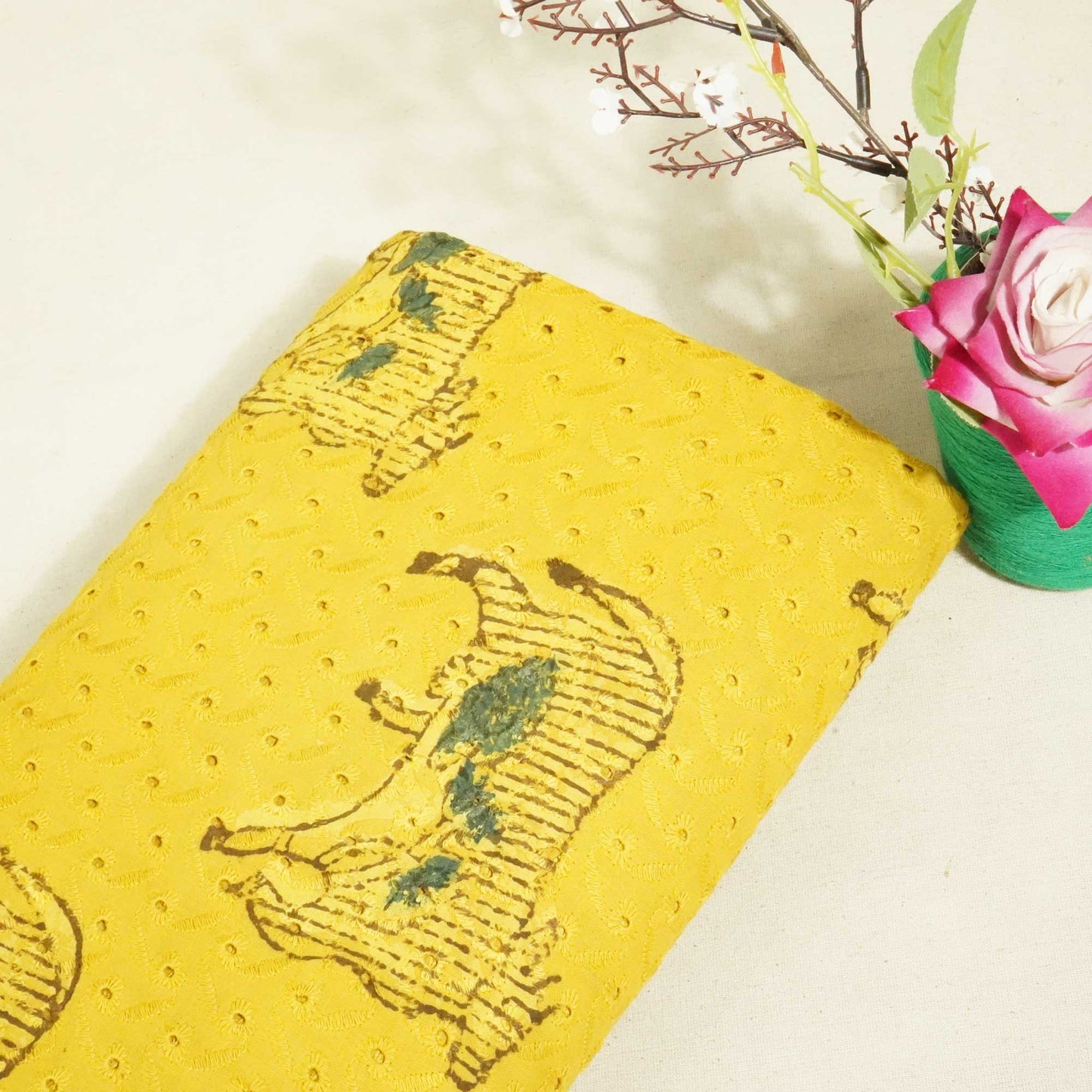 Mustard Yellow Pichwai Ajrakh Print Cotton Schiffli Fabric CG-25522