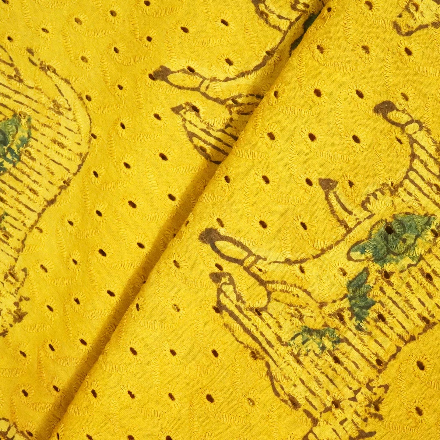 Mustard Yellow Pichwai Ajrakh Print Cotton Schiffli Fabric CG-25522