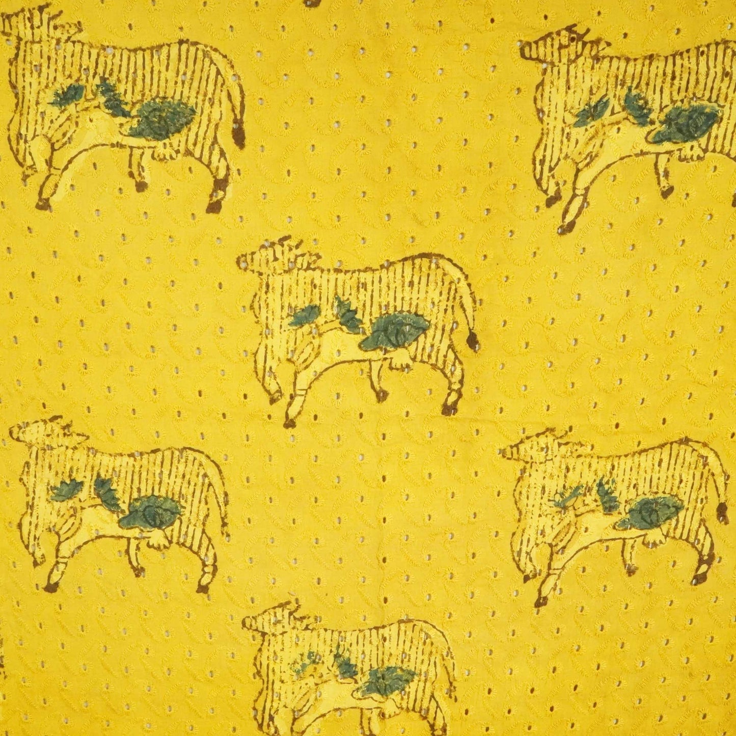 Mustard Yellow Pichwai Ajrakh Print Cotton Schiffli Fabric CG-25522