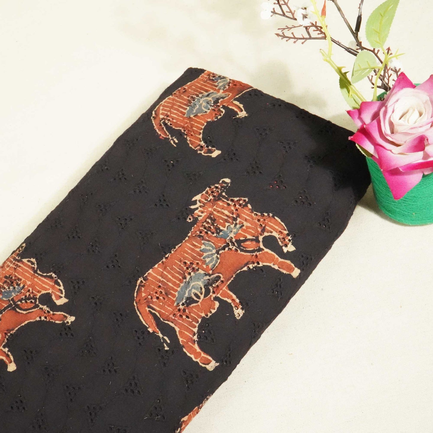 Black Pichwai Ajrakh Print Cotton Schiffli Fabric CG-25523