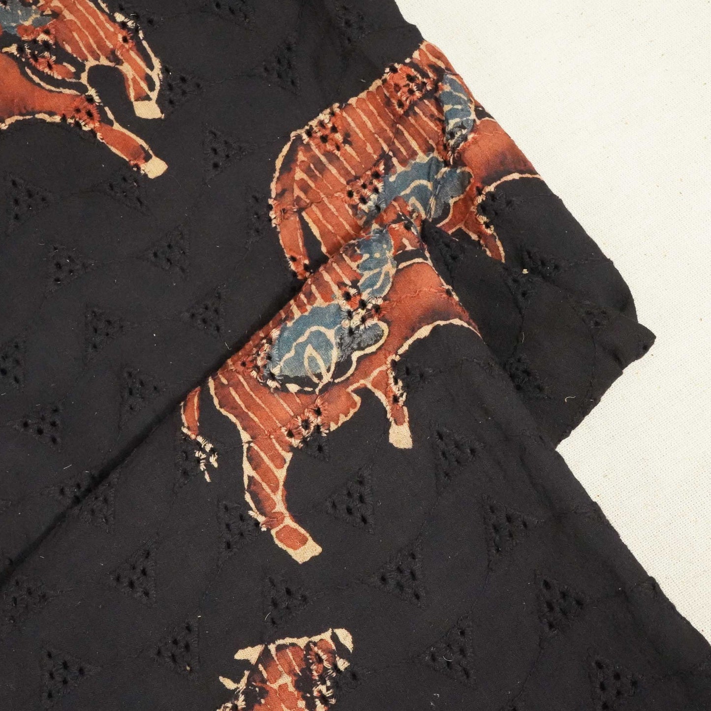 Black Pichwai Ajrakh Print Cotton Schiffli Fabric CG-25523