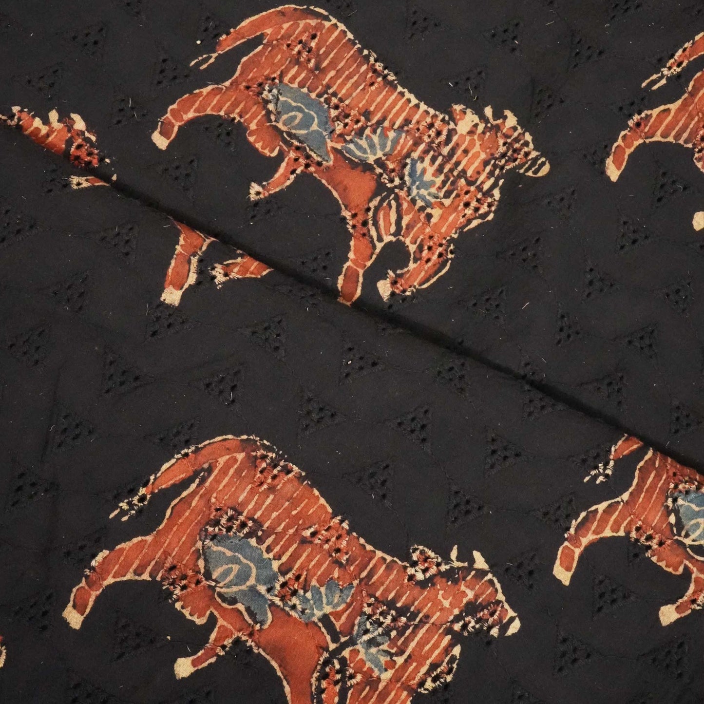 Black Pichwai Ajrakh Print Cotton Schiffli Fabric CG-25523