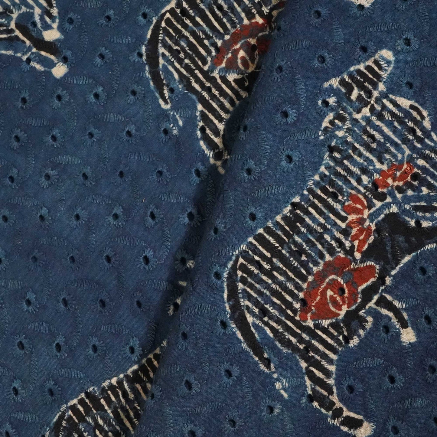 Indigo Pichwai Ajrakh Print Cotton Schiffli Fabric CG-25525