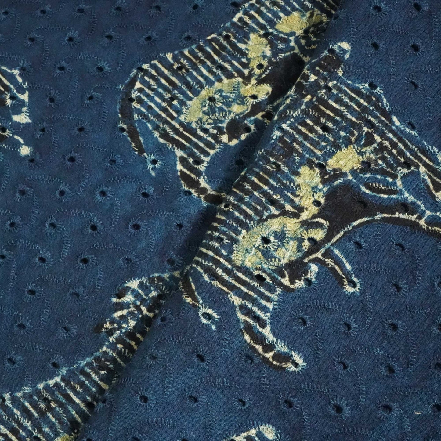 Indigo Pichwai Ajrakh Print Cotton Schiffli Fabric CG-25526