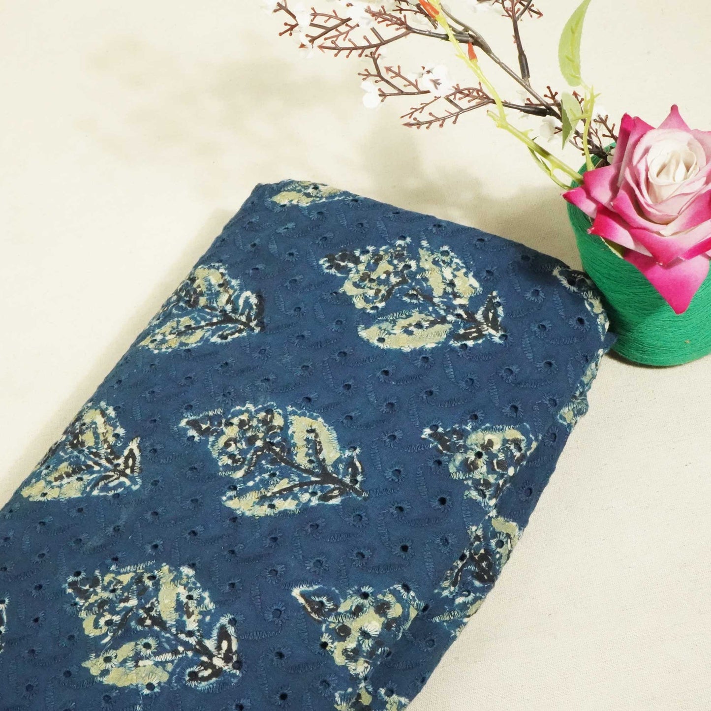 Indigo Ajrakh Print Cotton Schiffli Fabric CG-25531