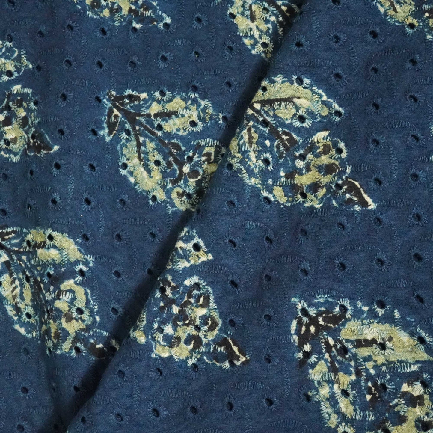 Indigo Ajrakh Print Cotton Schiffli Fabric CG-25531