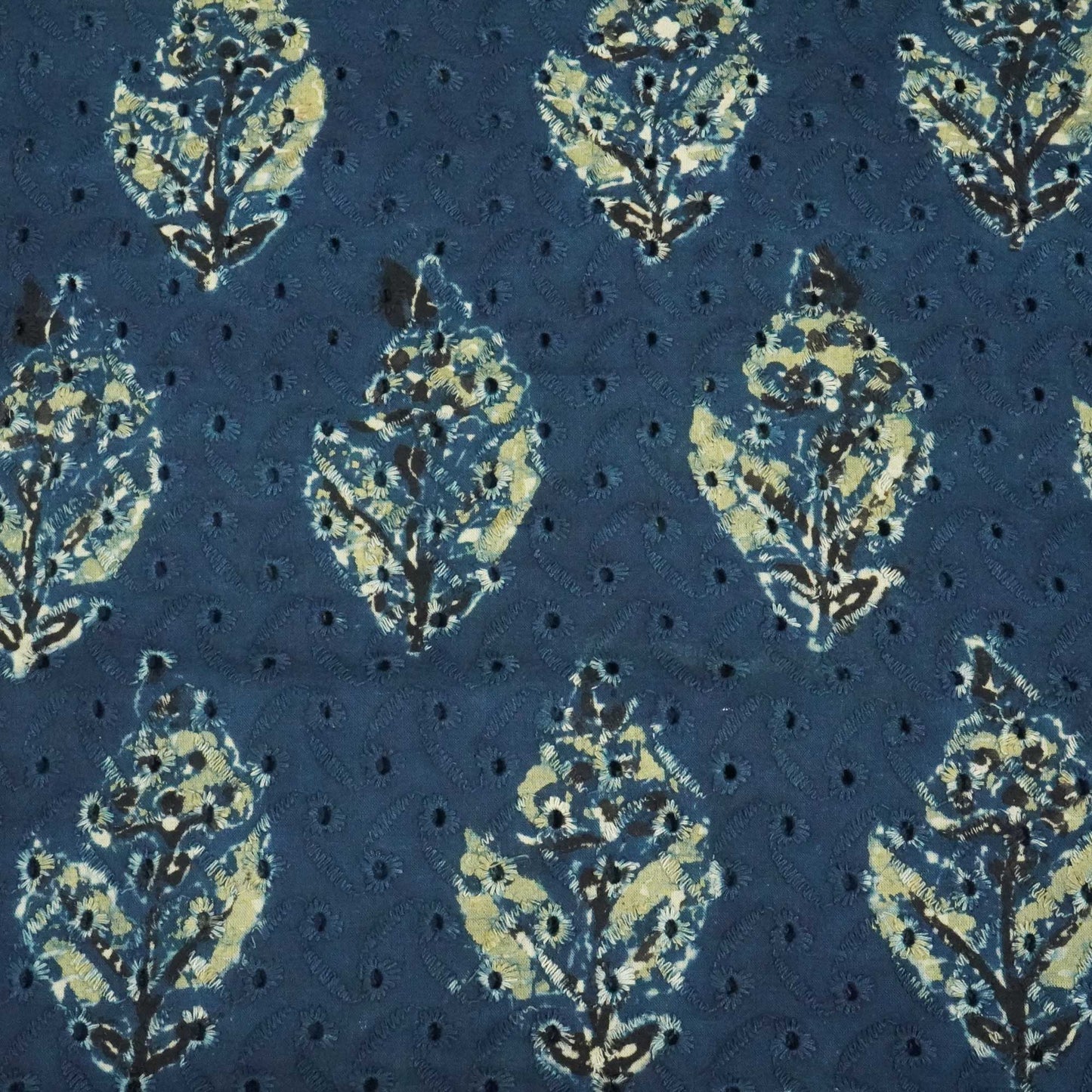 Indigo Ajrakh Print Cotton Schiffli Fabric CG-25531