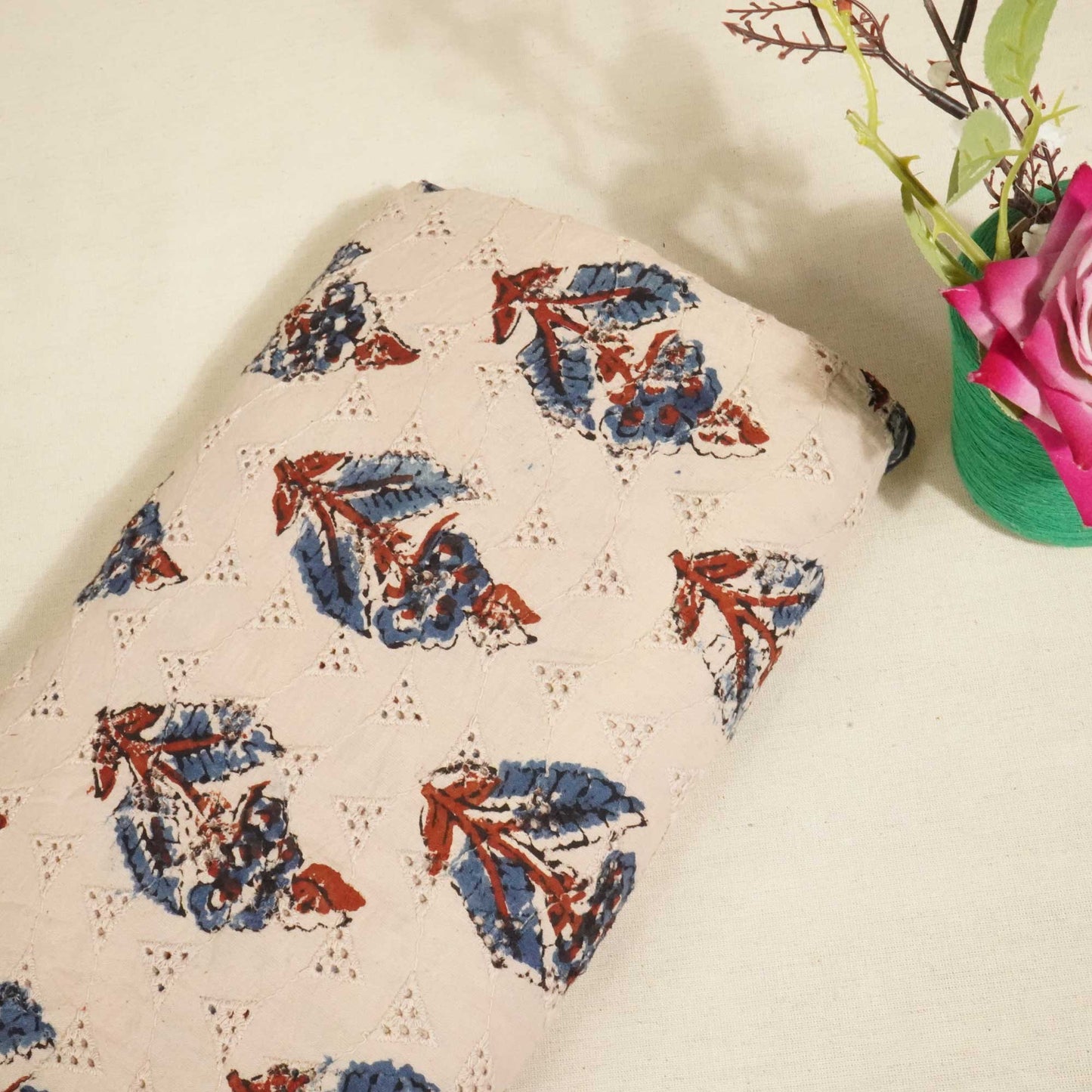 Beige Ajrakh Print Cotton Schiffli Fabric CG-25535