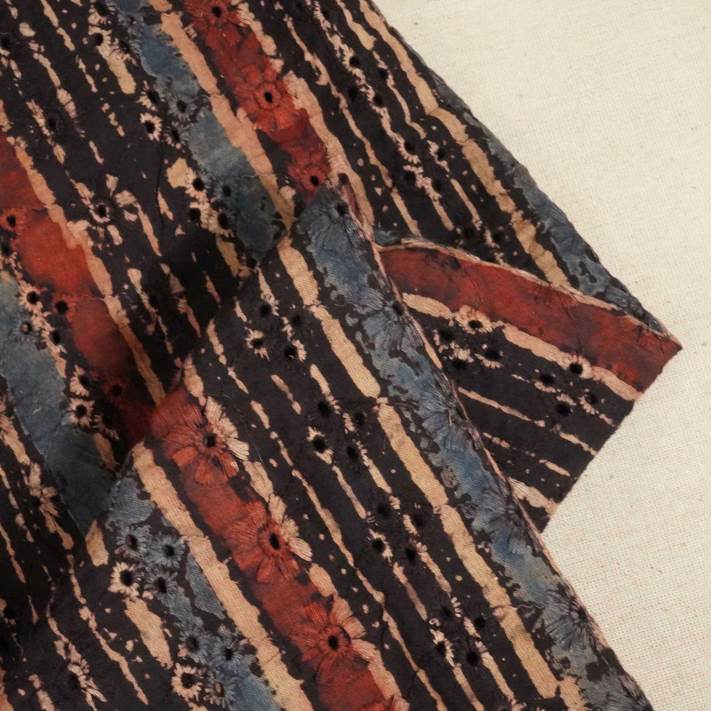 Black Stripes Ajrakh Print Cotton Schiffli Fabric CG-25536