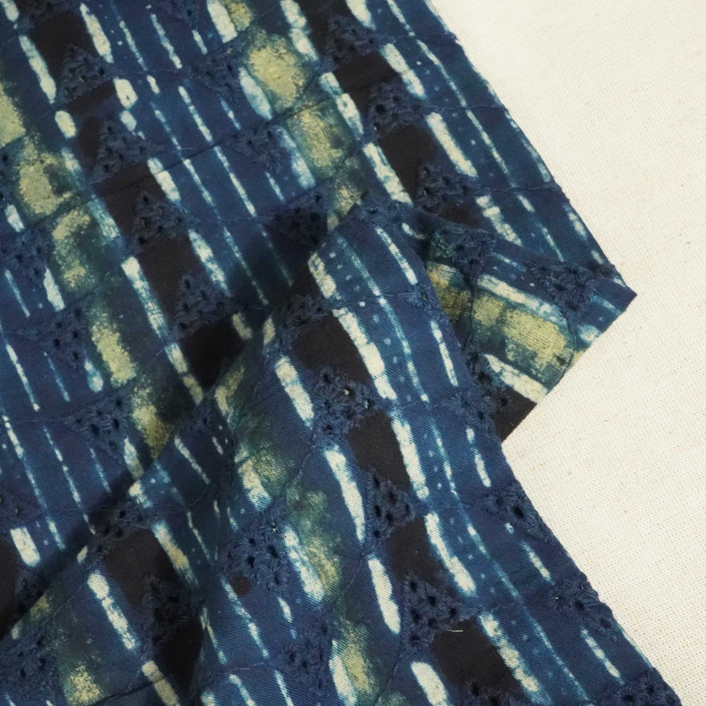 Indigo Pichwai Stripes Print Cotton Schiffli Fabric CG-25538