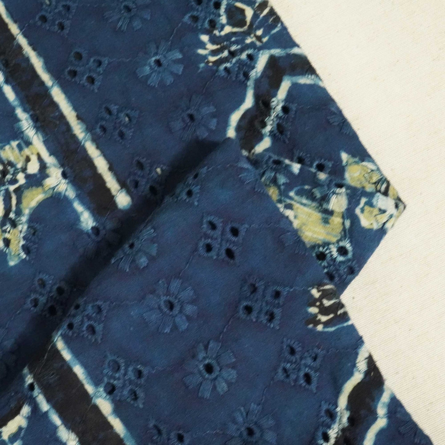 Indigo Pichwai Stripes Print Cotton Schiffli Fabric CG-25539