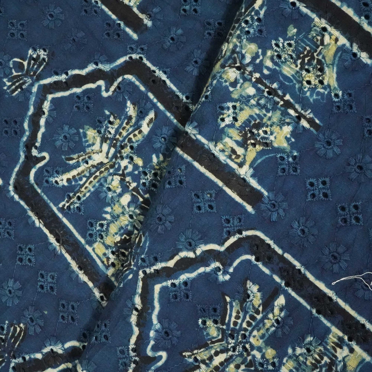 Indigo Pichwai Stripes Print Cotton Schiffli Fabric CG-25539