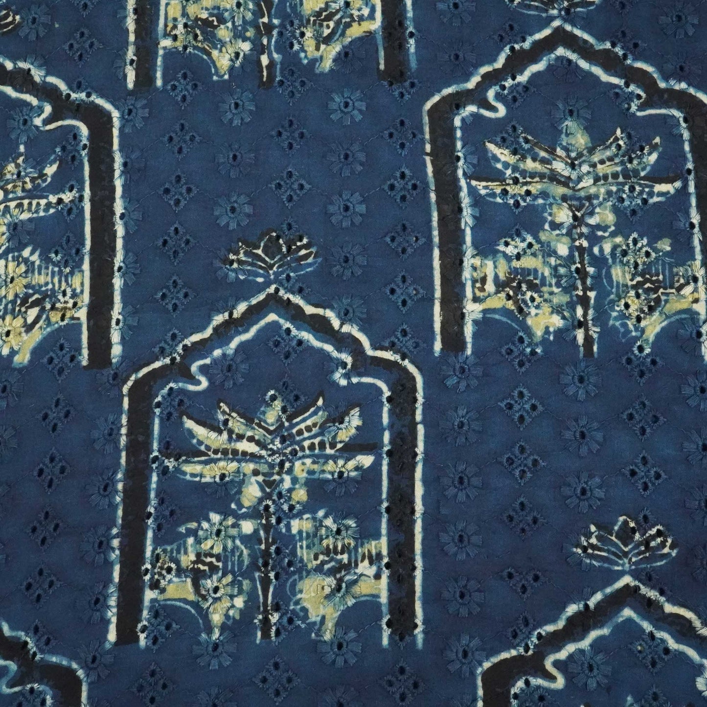 Indigo Pichwai Stripes Print Cotton Schiffli Fabric CG-25539