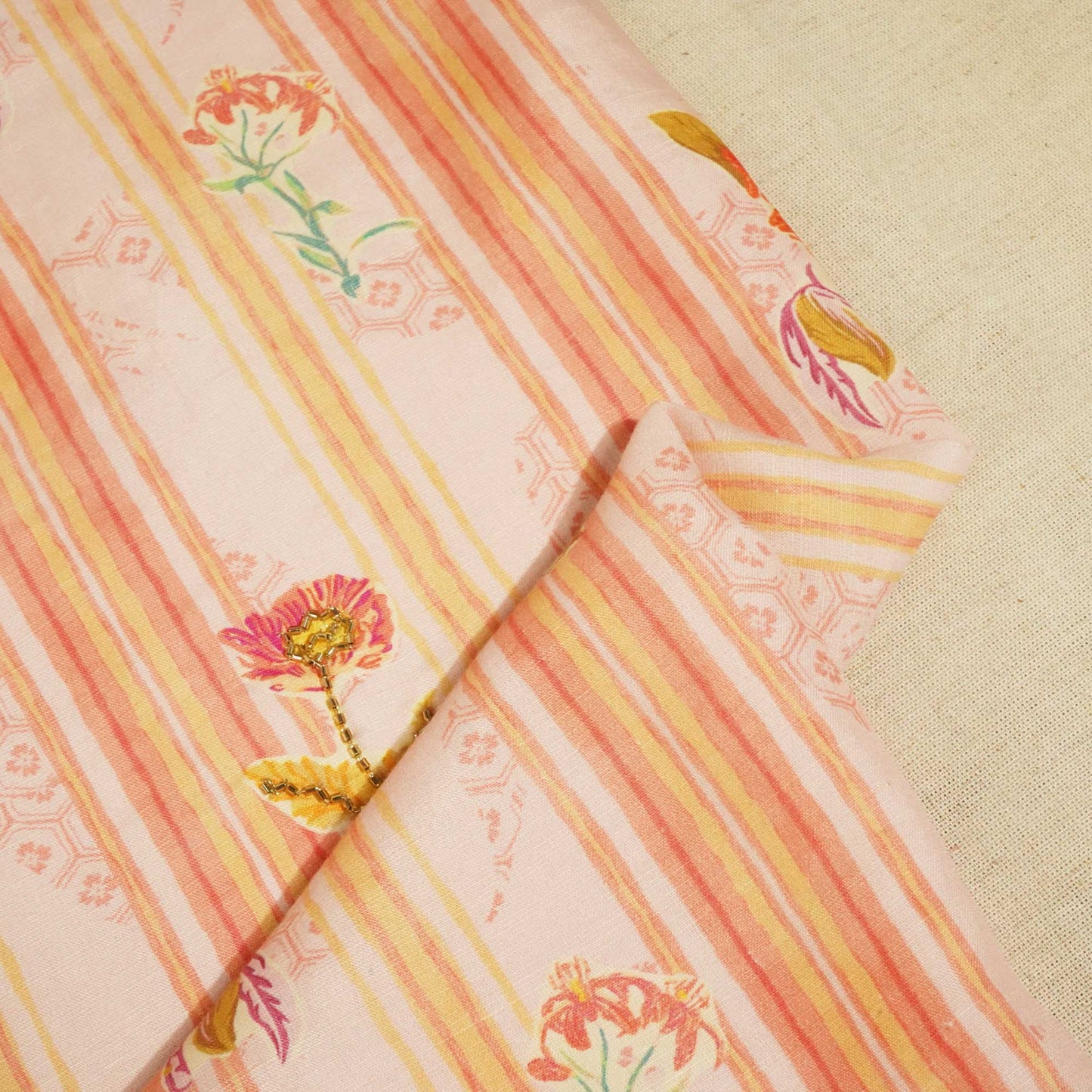 Peach and Multicolor Stripes Cutdana Embroidery Cotton Linen Fabric GT-25548