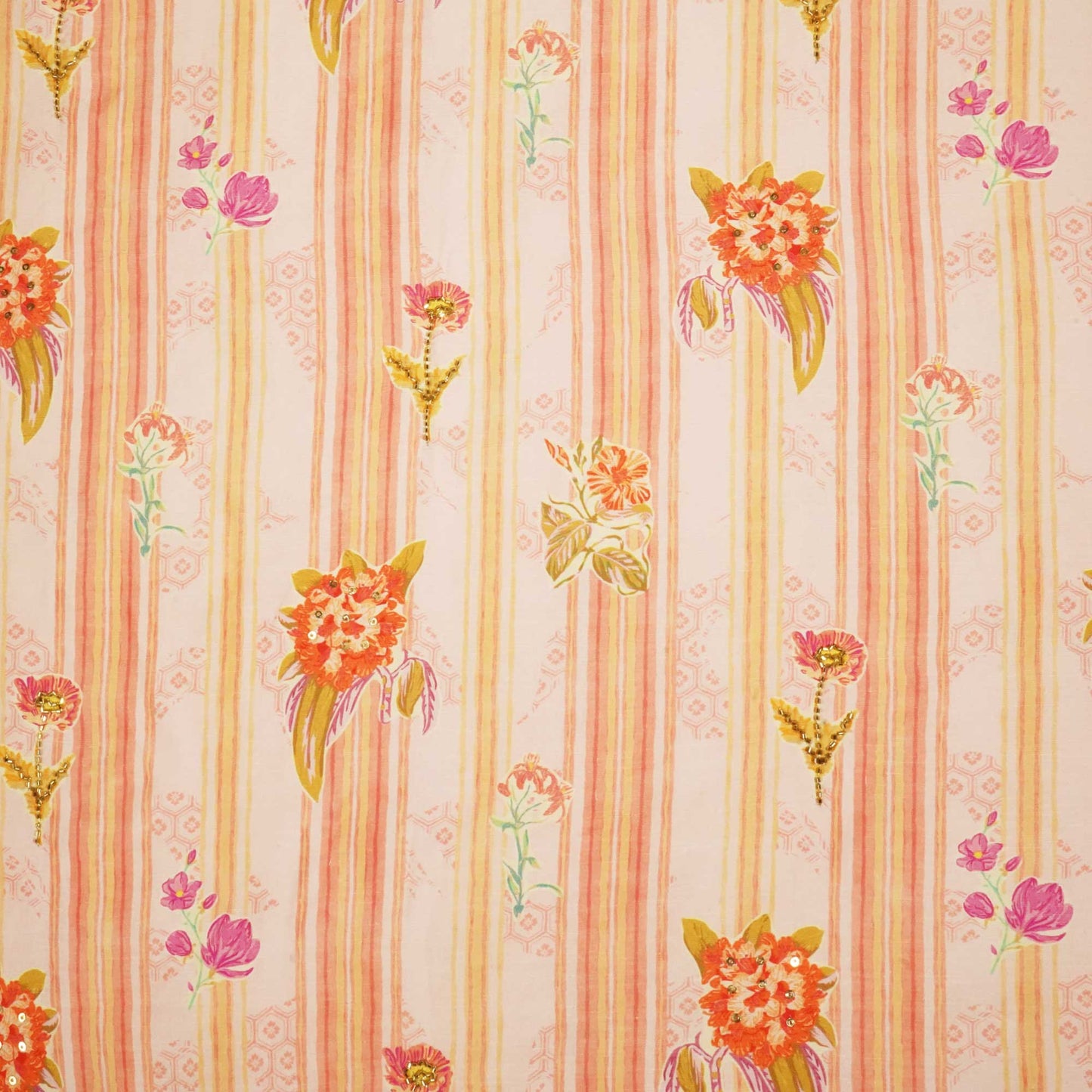 Peach and Multicolor Stripes Cutdana Embroidery Cotton Linen Fabric GT-25548