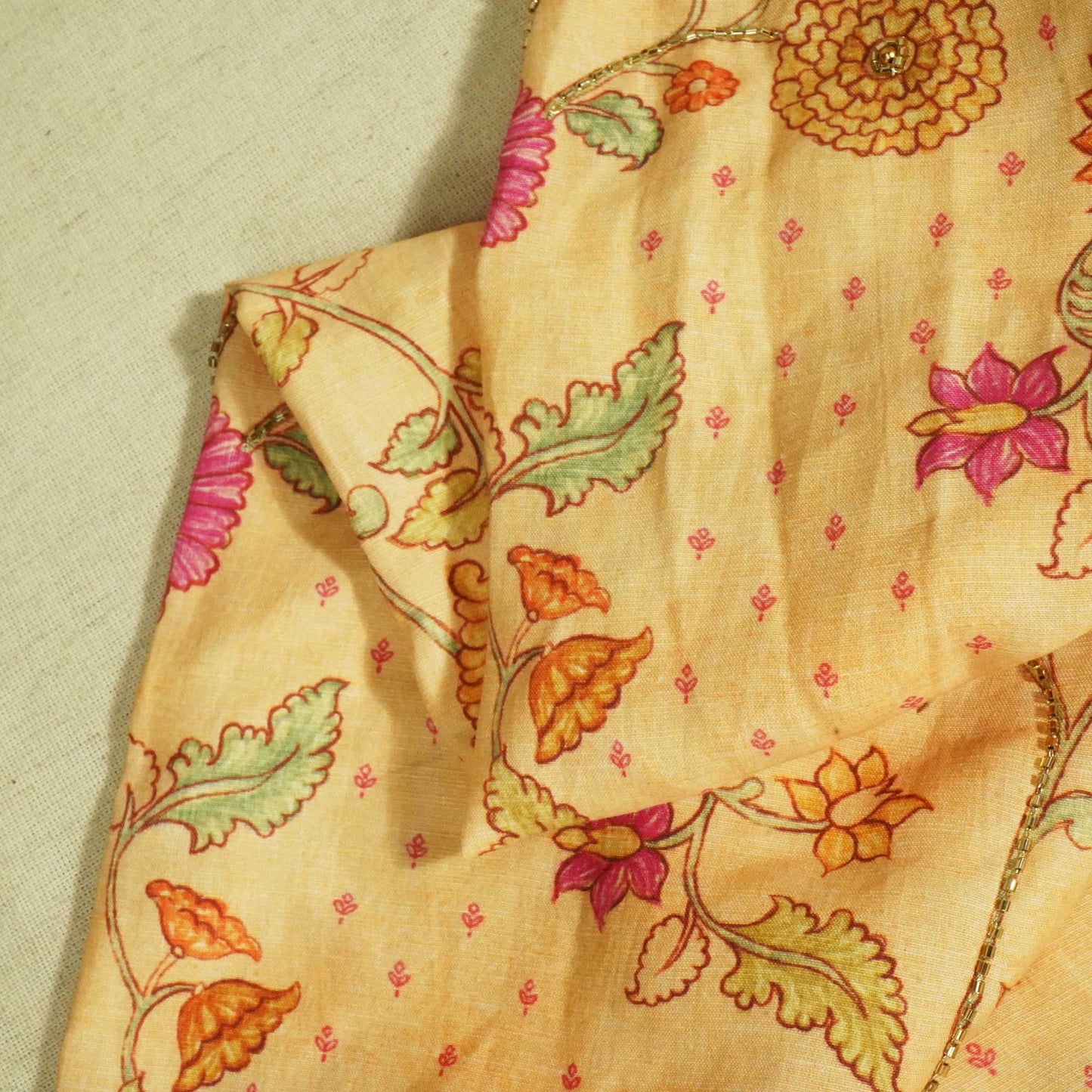 Light Orange Floral Mirror & Cutdana Embroidery Cotton Linen Fabric GT-25549