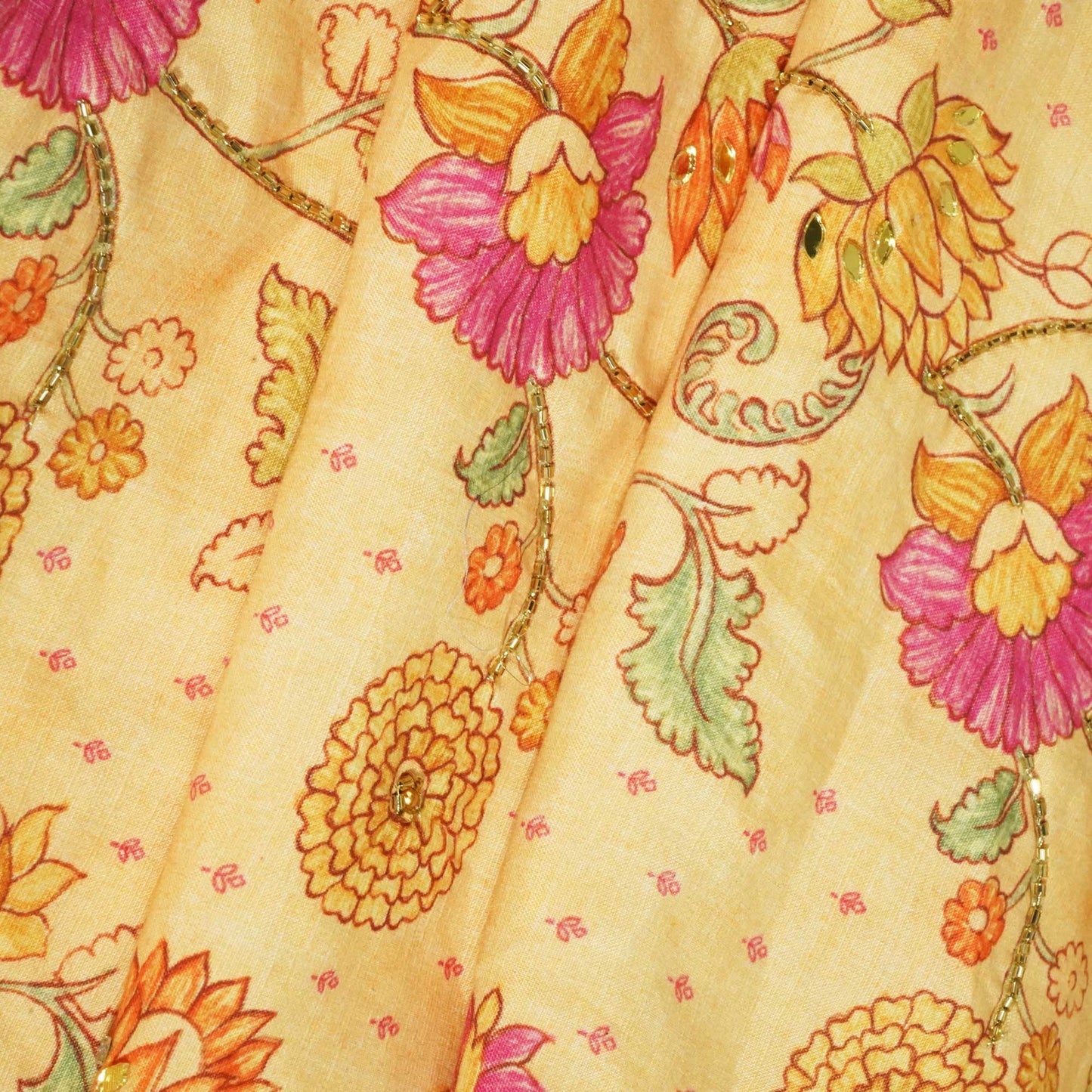 Light Orange Floral Mirror & Cutdana Embroidery Cotton Linen Fabric GT-25549
