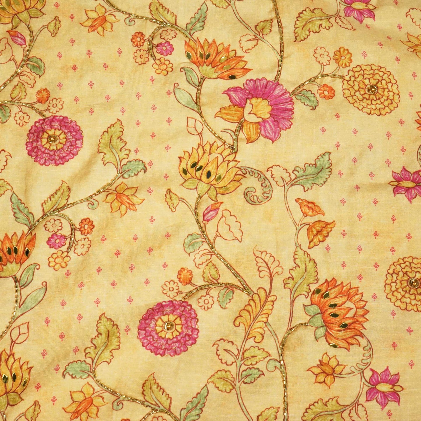 Light Orange Floral Mirror & Cutdana Embroidery Cotton Linen Fabric GT-25549