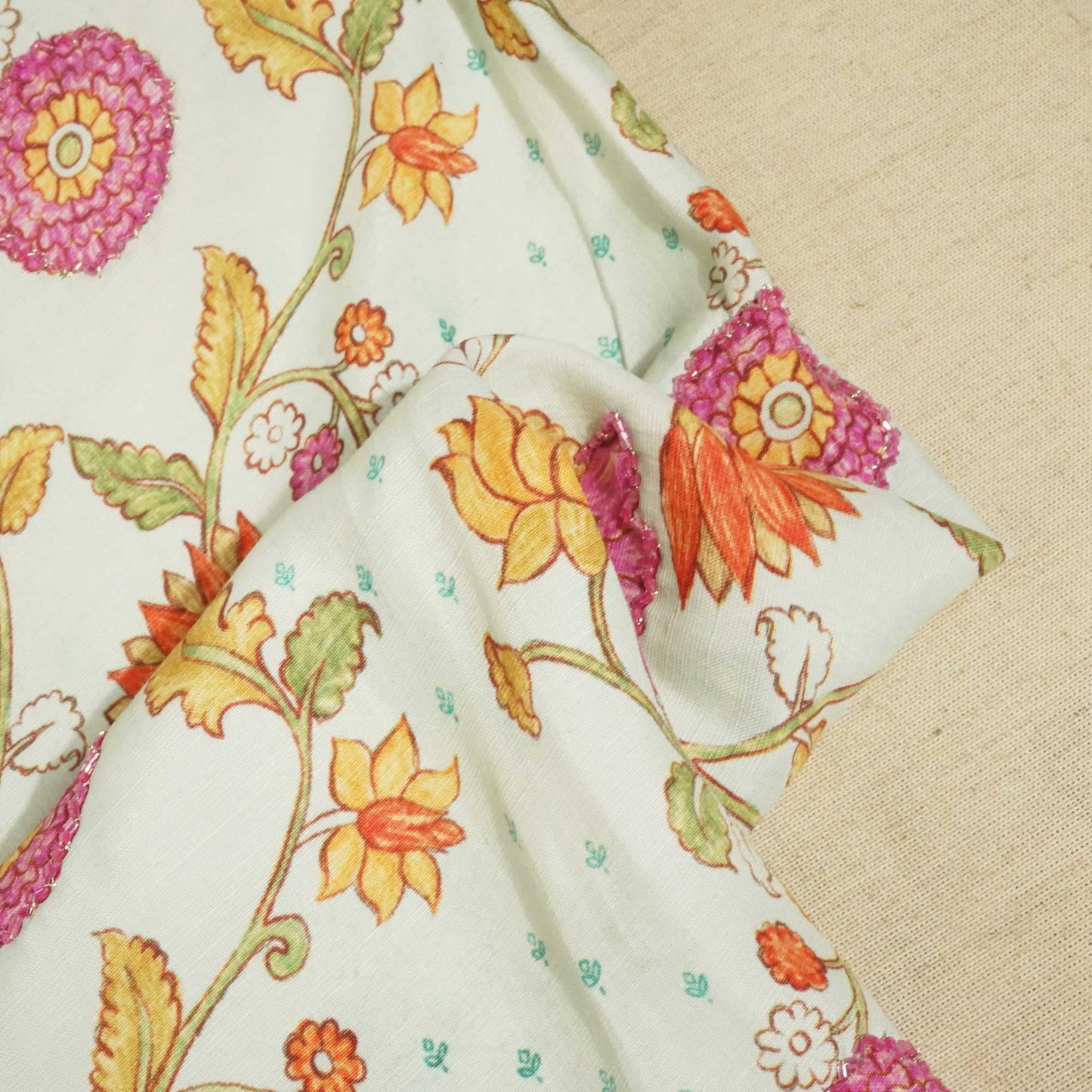 Sky Blue Floral Cutdana Embroidery Cotton Linen Fabric GT-25550