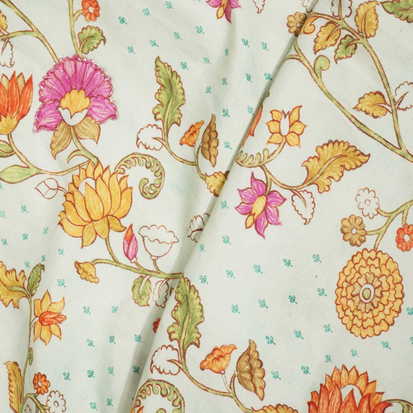 Sky Blue Floral Cutdana Embroidery Cotton Linen Fabric GT-25550