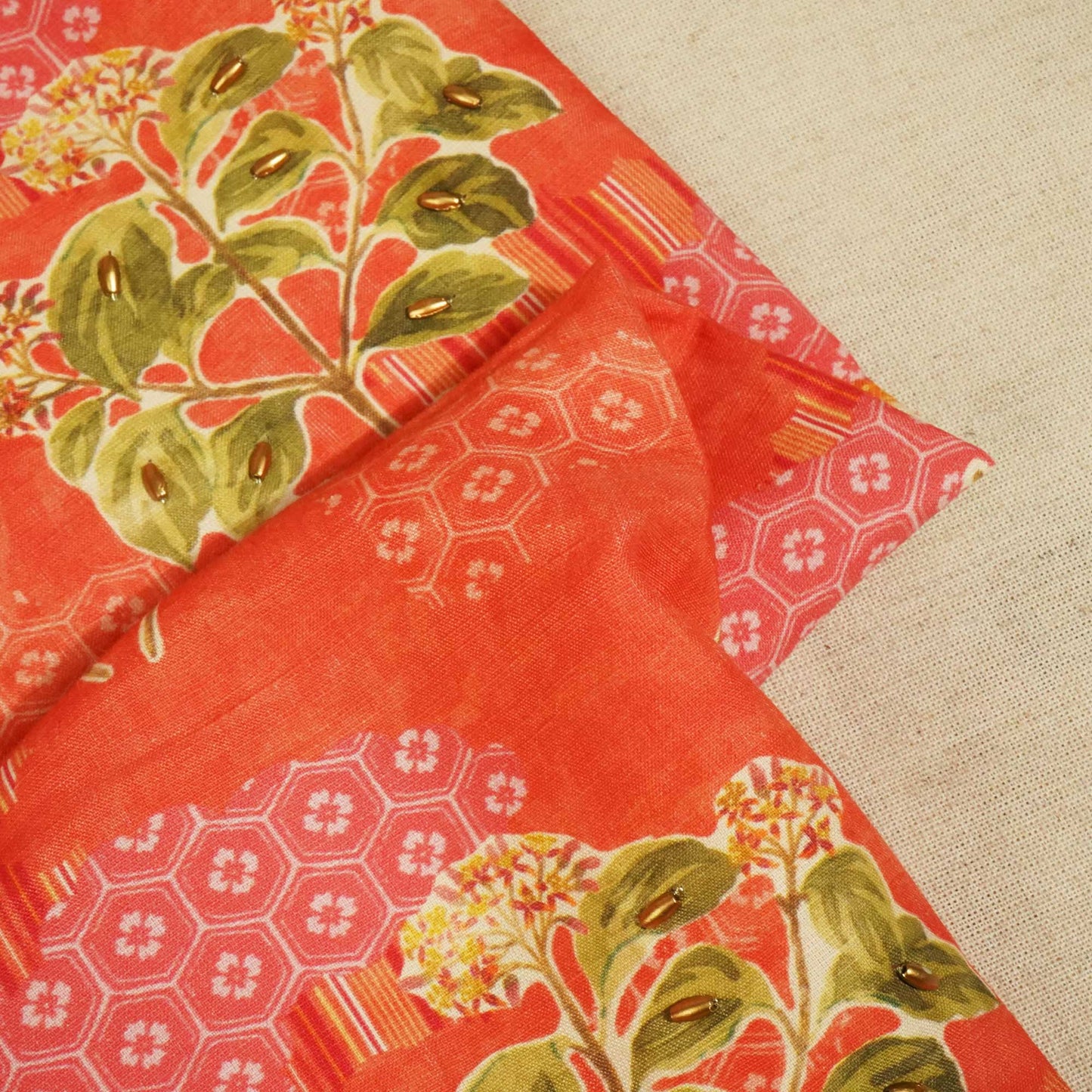 Brick Red Foral Ricebeads Embroidery Cotton Linen Fabric GT-25551