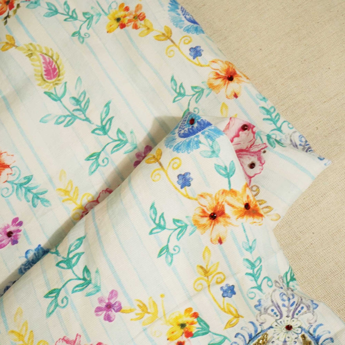 Sky Blue Cutdana Embroidery Cotton Linen Fabric GT-25552