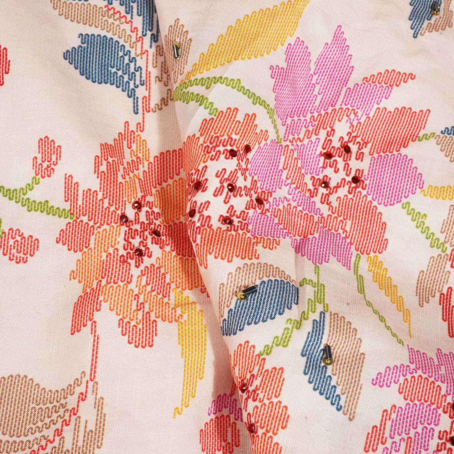 Baby Pink Floral Cutdana Embroidery Cotton Linen Fabric GT-25851
